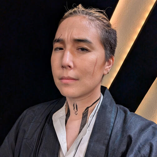 Cai as Helenus from Apostates of Dune on Happy Jacks RPG. Helenus has notable scars on his face on his cheek and eyebrow as well as angular black neck and throat tattoos that depict his family's crest and other images. He wears a white, band-collar shirt w