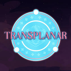 The logo for Transplanar RPG. A light blue round field holds stars and a translucent d20. Imposed over it is the pink text "TRANSPLANAR".